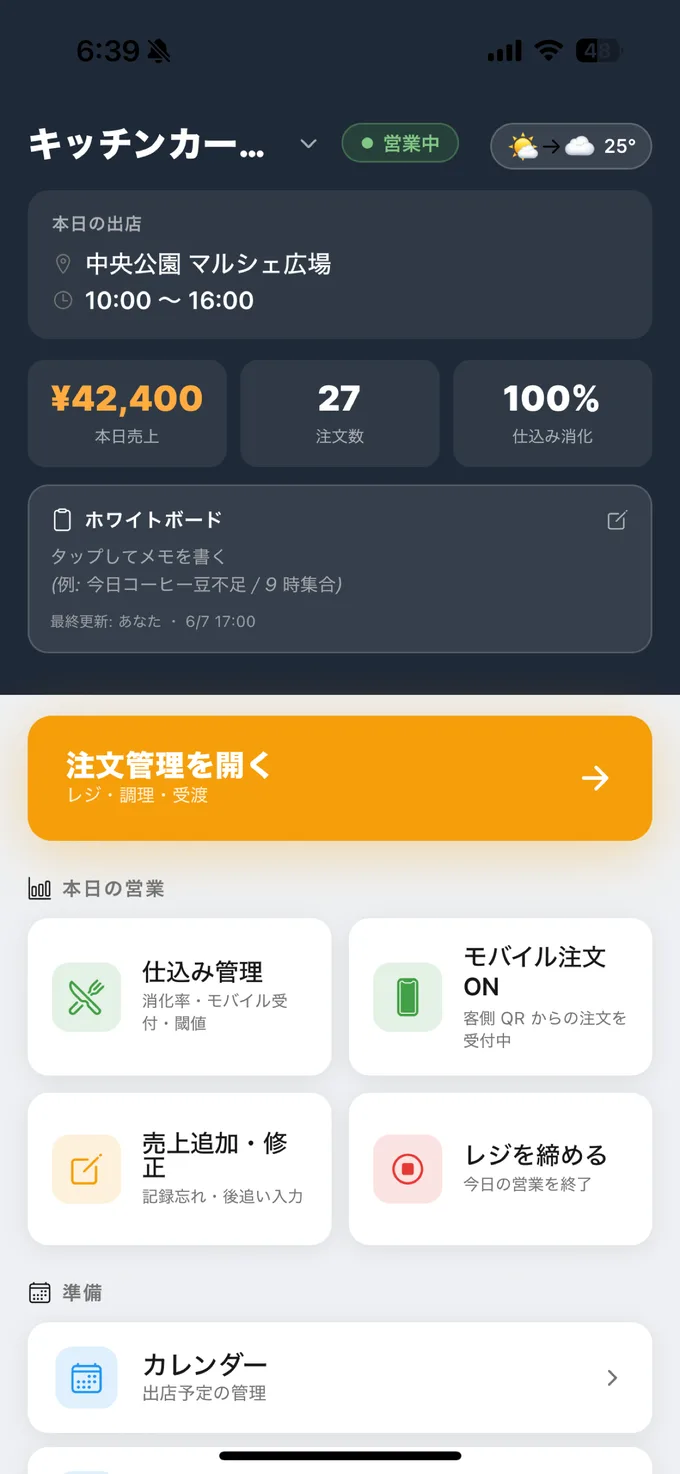 KITPOS ホーム画面：本日の売上・注文数・仕込み消化を一望